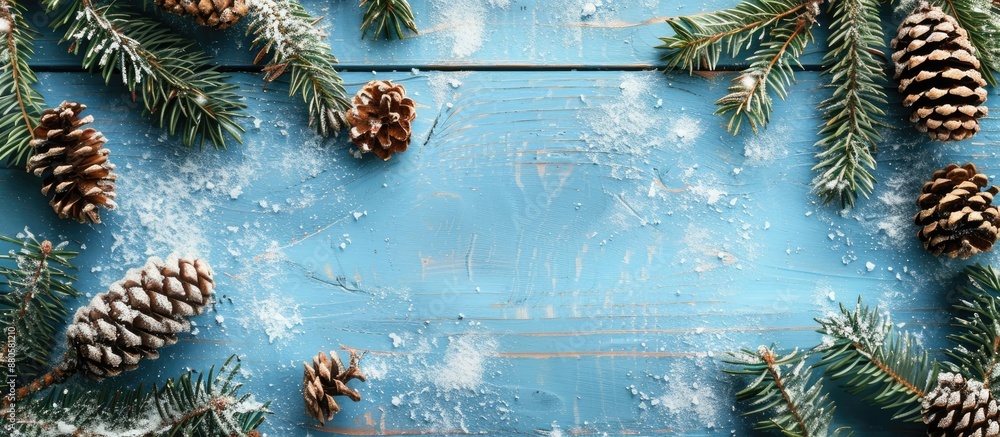 Poster a winter christmas themed backdrop featuring fir branches pine cones snow on a blue wooden surface c
