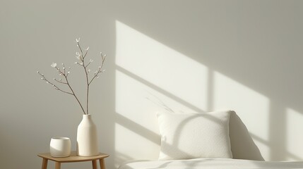 A serene bedroom with a low platform bed and a neutral color scheme creating a calming and restful environment perfect for a good night's sleep Illustration, Image, , Minimalism,
