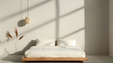 A serene bedroom with a low platform bed and a neutral color scheme creating a calming and restful environment perfect for a good night's sleep Illustration, Image, , Minimalism,