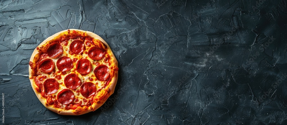 Poster top view of a delicious pepperoni pizza on a sleek black concrete surface with ample copy space imag