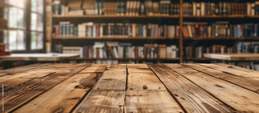 Aufkleber The wooden table is bare set against a blurred library backdrop offering ample copy space for showcasing products complemented by a lovely array of books