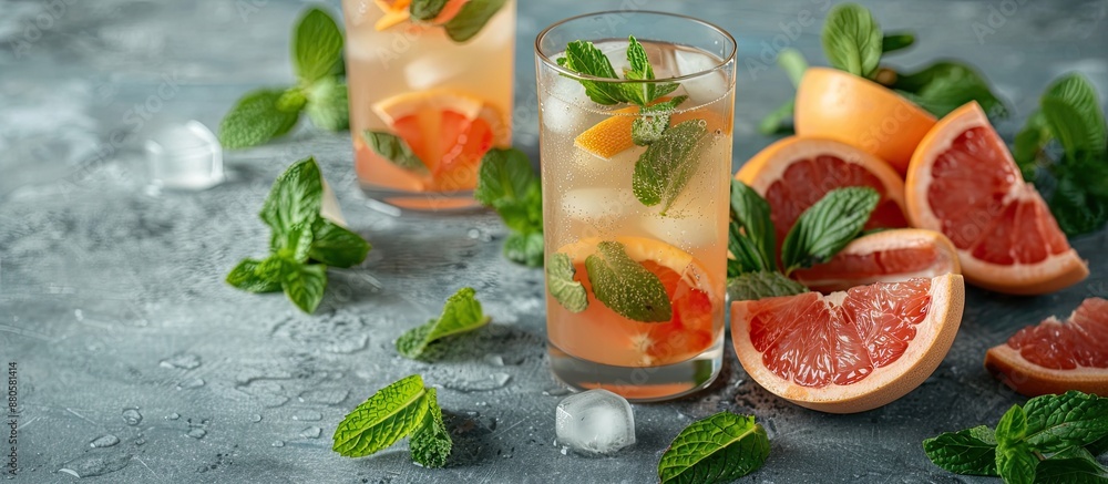 Poster Refreshing iced tea with mint grapefruit and ice on a gray backdrop perfect for adding text or graphics. copy space available