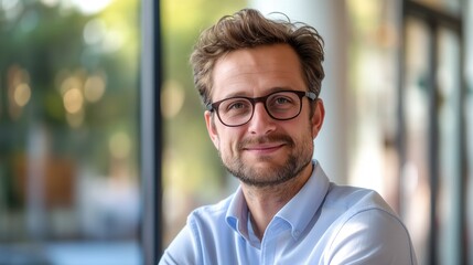 Obraz premium Smiling handsome business man with glasses short hair blue shirt looking at camera standing against glass wall posing for photo half body shot sitting on right side of frame copyspace