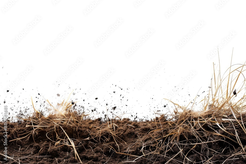 Poster close-up shot of natural grass and soil mixture on a white background, suitable for use in design or