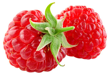Raspberry isolated png. Raspberry with leaf on transparent background. PNG format. Two raspberries...