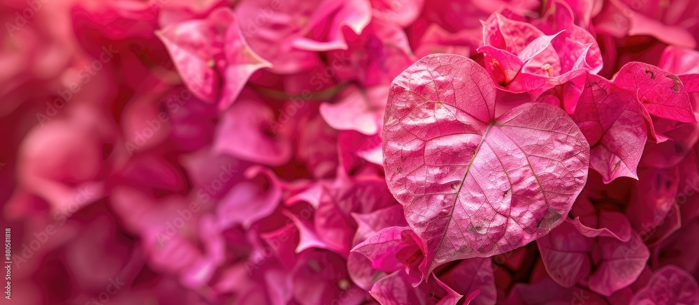 Poster position a heart shaped cluster of bougainvillea petals centrally in the frame leaving ample copy sp