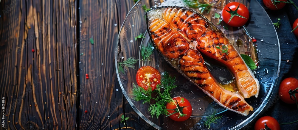 Poster close up image of an overcooked grilled keta salmon fish steak on a glass plate against a dark woode