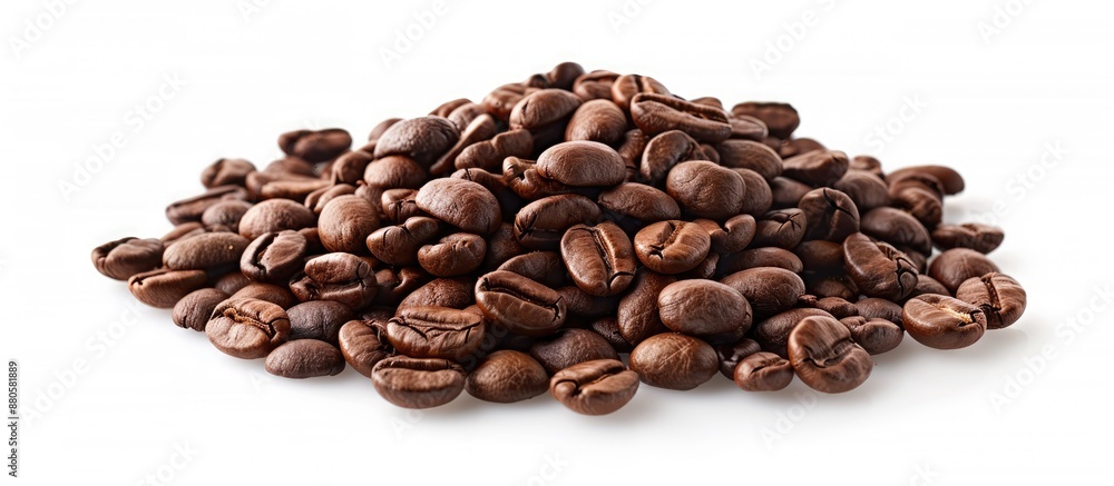 Poster Close up of a heap of coffee beans on a white background with copy space image perfect for text placement Begin your day with a fresh brew