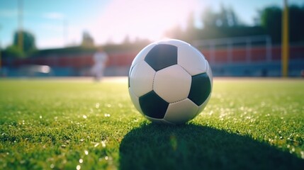 Fototapeta premium A soccer ball sits atop a lush green grassy field, ready for play or game