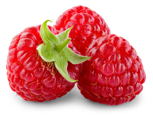 Raspberry isolated png. Three raspberries on transparent background. PNG format. Red raspberry with...