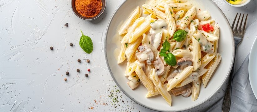Italian Mediterranean lunch concept with penne pasta in creamy carbonara mushroom sauce on a white tile table accompanied by dinner spices on a copy space image