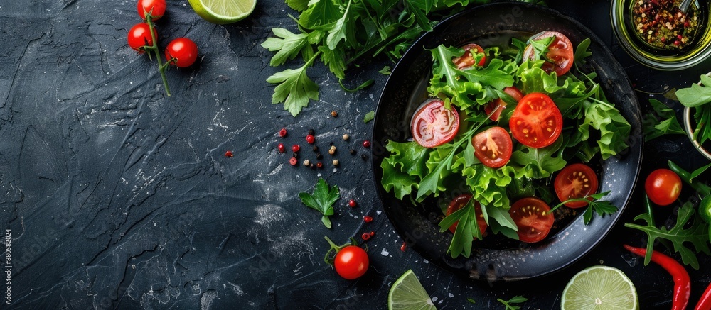 Poster Fresh green salad with tomatoes dressed in oil and lime presented on a black table with ingredients around it creating a perfect copy space image