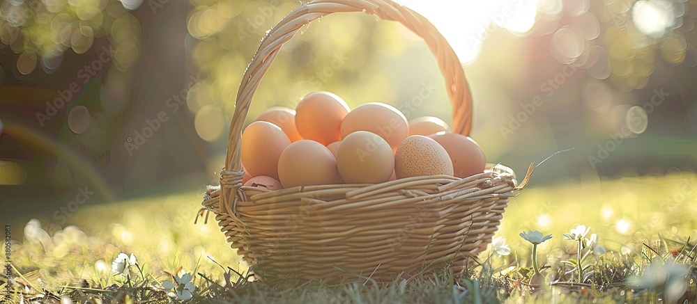 Poster close up shot of a basket with chicken eggs in the sun providing copy space image