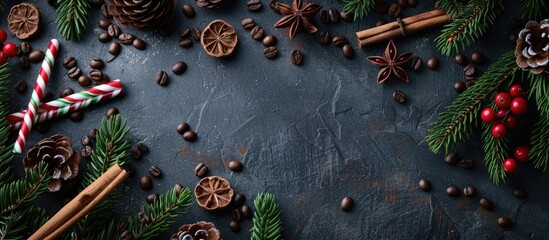 A festive Christmas themed top view featuring fir tree branches candies coffee beans and cinnamon sticks on a dark shale background with a blank space for an image. copy space available
