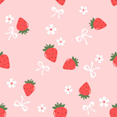 Seamless pattern of strawberry with green leaves, flower and ribbon bow on pink background vector.