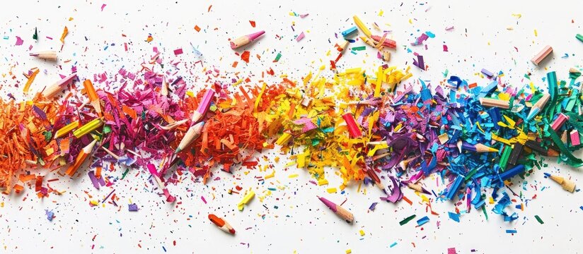 Colorful colored pencil shavings are artistically arranged in a flat lay on a white background creating an attractive copy space image