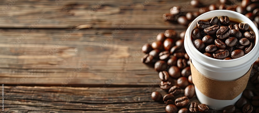 Poster Desaturated wooden background highlighting coffee beans in a white cap emphasizing the concept of the drink with copy space image