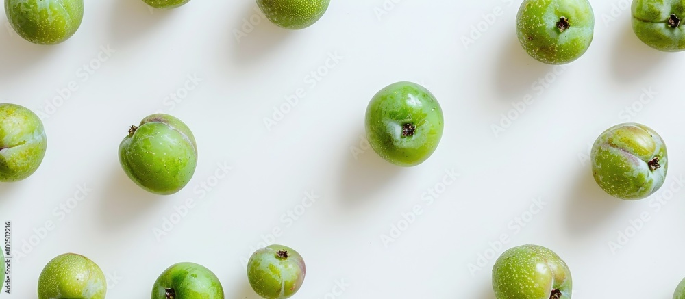 Poster Overhead shot of green pluots on a white backdrop with a blank area for text or images in the frame. copy space available