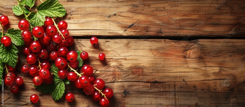 Poster ripe red currants displayed on a wooden surface with copy space image