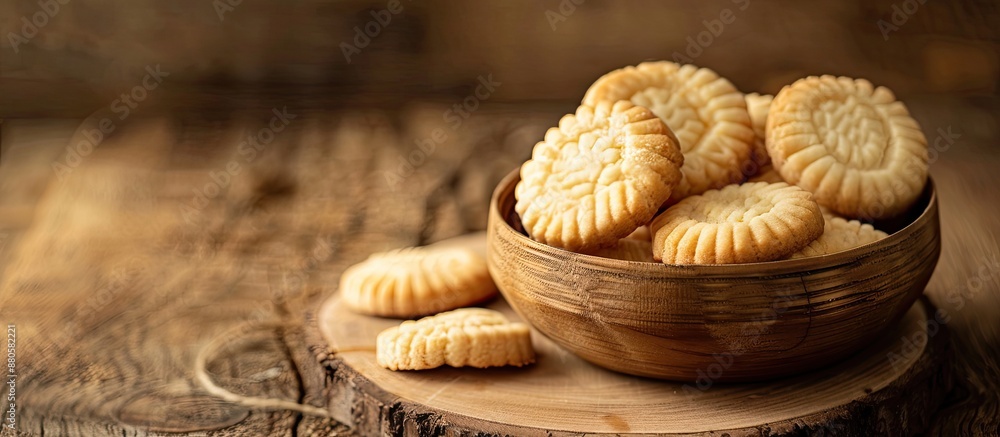 Poster Butter cookies displayed in a bamboo dish on a wooden table with a subtle background for a copy space image