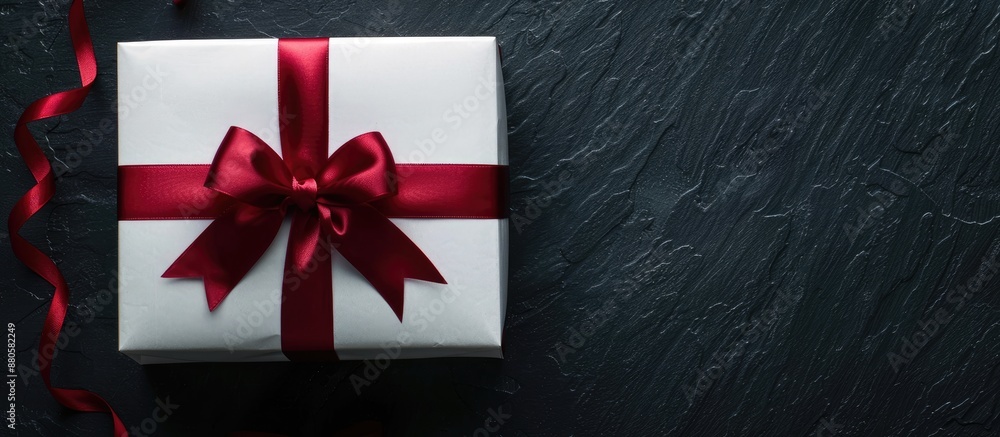 Poster White gift box with red ribbons and bow on a black background ideal for a copy space image