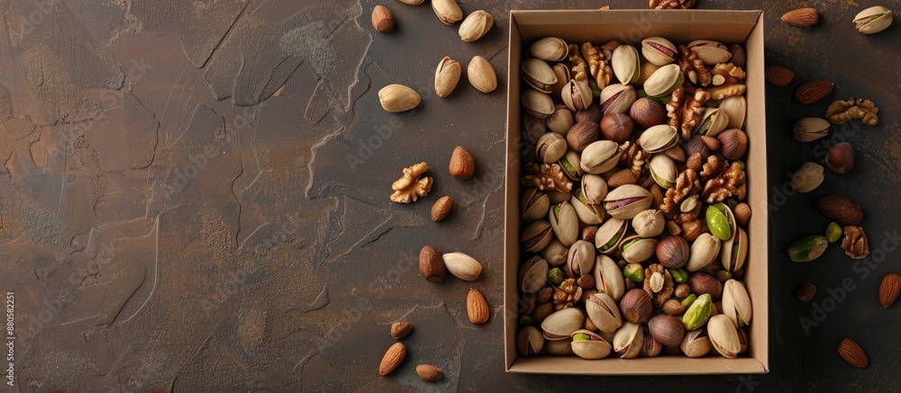 Poster Assorted nuts displayed in a paper box on a table backdrop Close up view with copy space image for walnut pistachios almonds hazelnuts and cashews