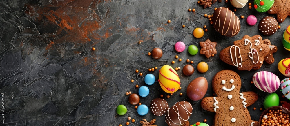 Aufkleber top down view of an easter greeting card featuring a variety of colorful gingerbread cookies chocola