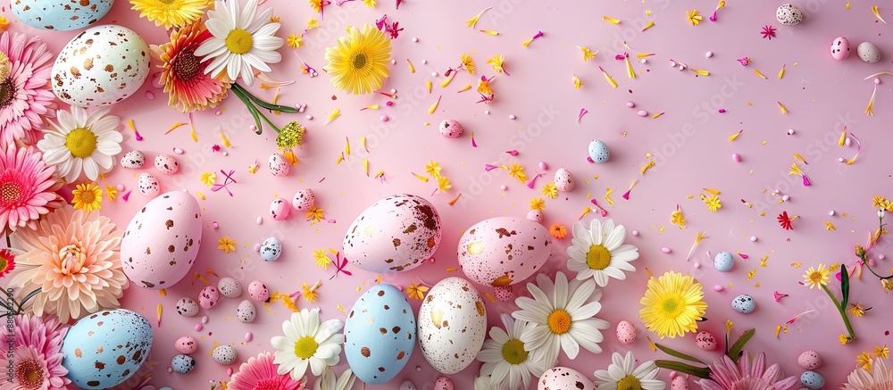 Aufkleber easter greeting card with vibrant eggs and flowers on soft pink backdrop from above showcasing copy 