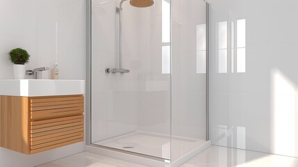 A modern bathroom with a frameless glass shower, minimalist fixtures, and a neutral color palette emphasizing the elegance and simplicity of contemporary design Illustration, Image, , Minimalism,