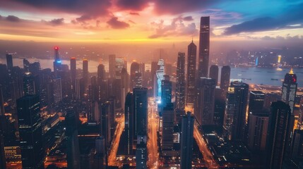 Fototapeta premium Aerial view of city skyline at sunset with towering skyscrapers bustling streets below sky is painted in hues of orange blue as lights from buildings light up against backdrop of urban landscape