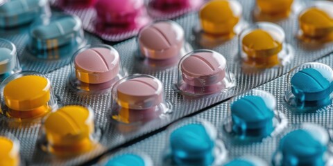 Colorful of tablets and capsules pill in blister packaging arranged with beautiful patterns. Pharmaceutical industry concept. Pharmacy