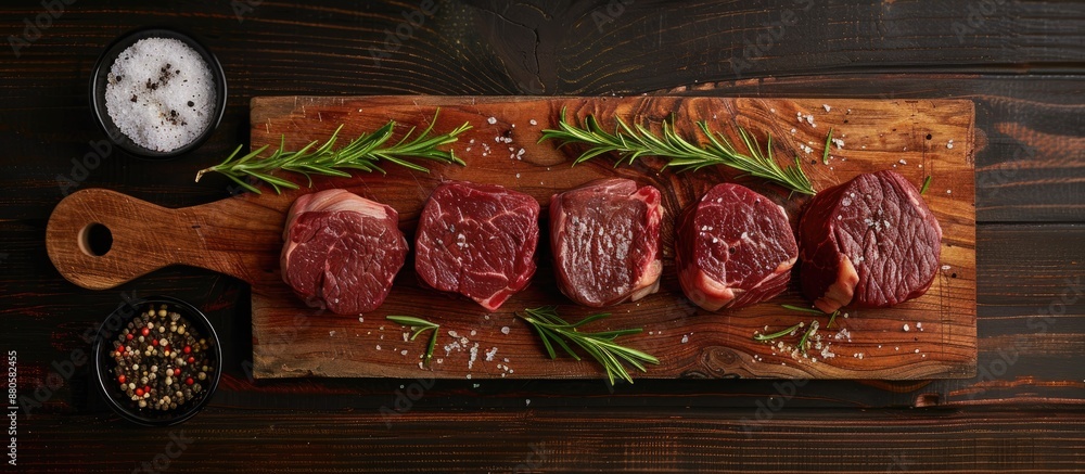 Poster top view of fresh raw beef tenderloin marbled steaks and seasonings arranged on a wooden cutting boa