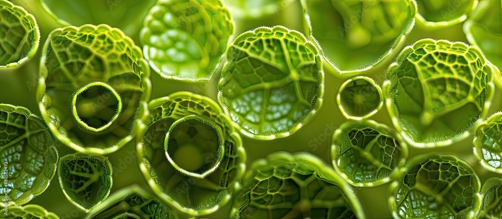 Aufkleber Close up of a fresh green leaf with hollow circles in an abstract natural pattern creating an ideal background for text or images. copy space available