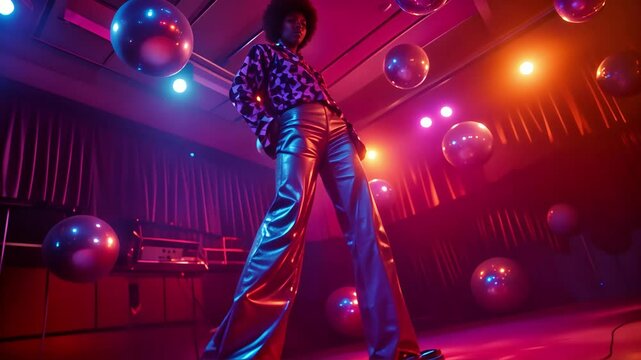 Disco Fever: A young man in a dazzling silver outfit poses confidently under a disco ball, illuminated by vibrant neon lights.  