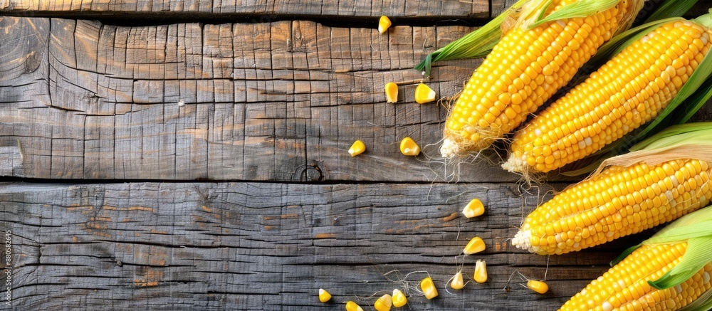 Poster Sweet corn on the cob displayed on a wooden surface with copy space image