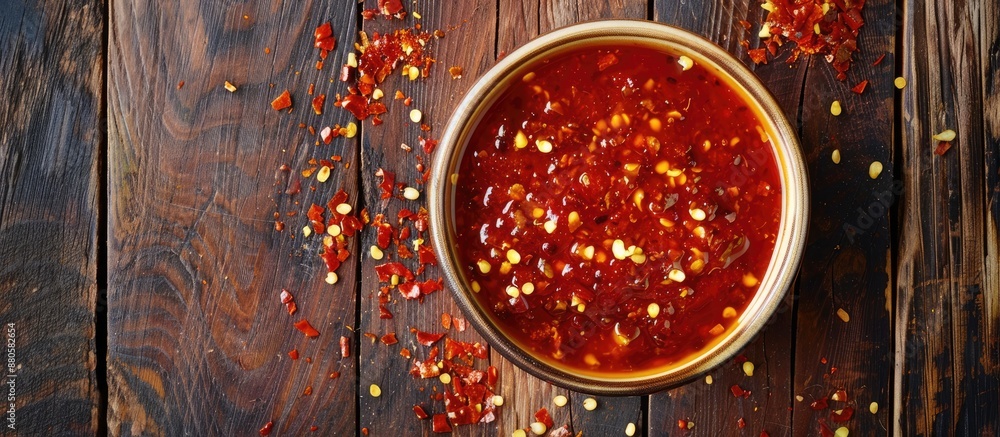 Aufkleber a top down view of a bowl of spicy chili sauce on a wooden table with room for text alongside the im