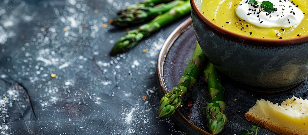 Poster Creamy asparagus soup garnished with a dollop of sour cream in a bowl with a blank space for an image. copy space available