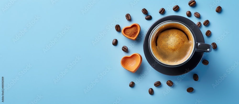 Poster top down view of heart shaped black espresso coffee cup with scattered grains on blue surface offeri