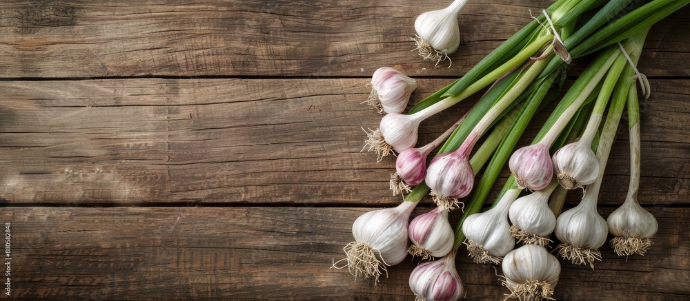 Poster wooden table showcasing fresh garlic bulbs with long stalks offering ample copy space for customizat