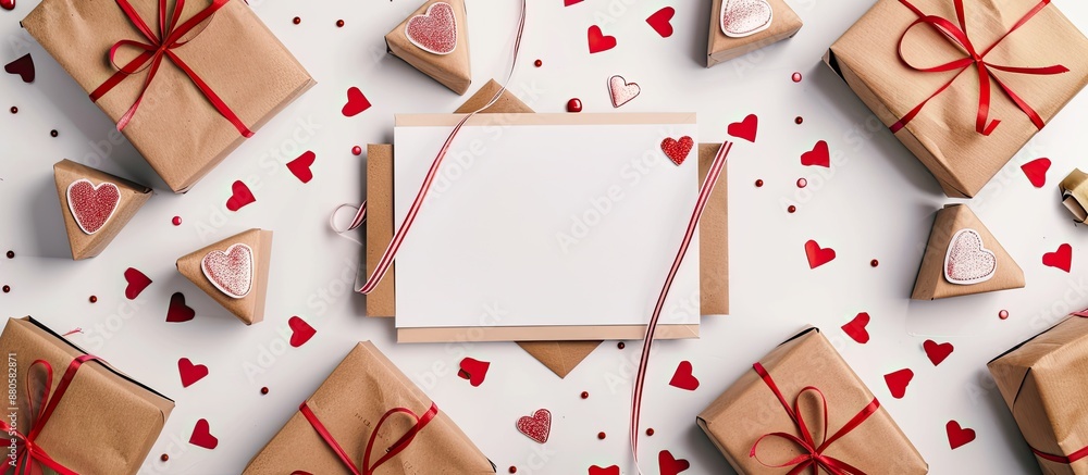 Aufkleber top view of valentine s day greeting card surrounded by gift boxes and hearts on a white backdrop wi