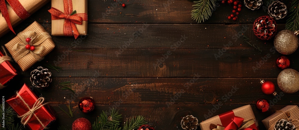 Aufkleber top down view of a rustic background with christmas gifts decorations and copy space image for new y