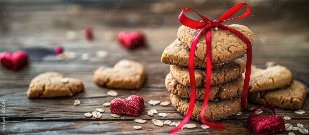 Poster Valentine s Day background featuring a stack of heart shaped oat cookies bound with a red ribbon placed on a wooden table with room for a copy space image