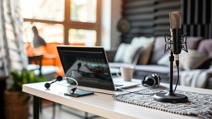 Professional podcast recording setup with microphone, earphones, and laptop on white table in cozy home studio