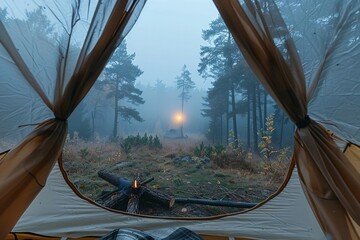 View from foggy forest camping tent.