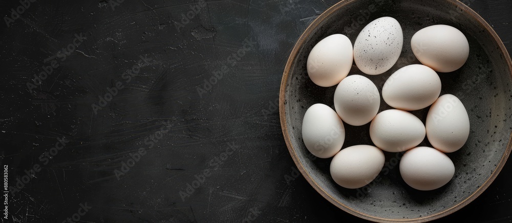 Poster Top view of organic farm white chicken eggs displayed on a plate against a black background creating a striking copy space image