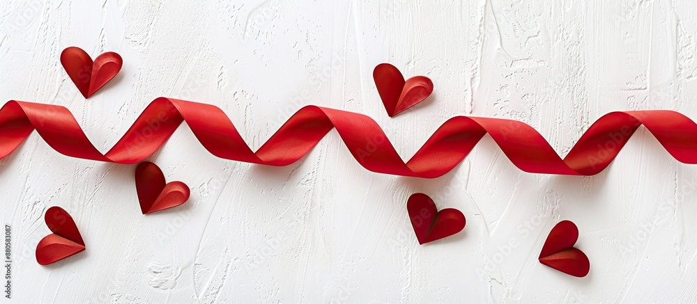 Poster Red ribbon with heart designs on a white backdrop perfect for a copy space image