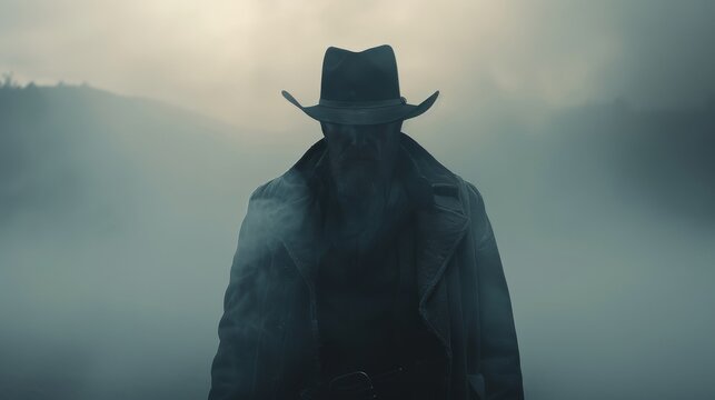 Mysterious cowboy with a long beard stands tall in a foggy sunrise landscape, exuding solitude and vintage wild west vibes