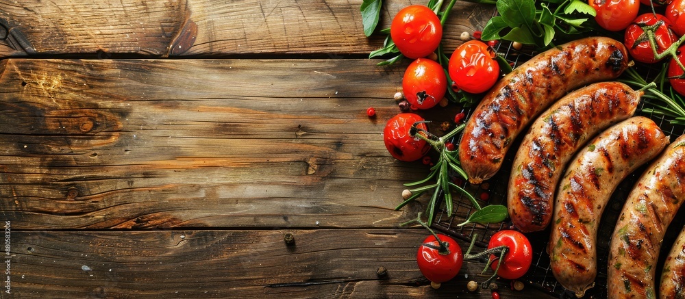 Poster Grilled sausages and vegetables with a blank area for adding text in the image. copy space available
