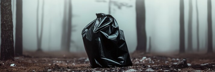 Uncomfortable scene with big black garbage bag in the foggy forest. Environment pollution or crime scene illustration.
