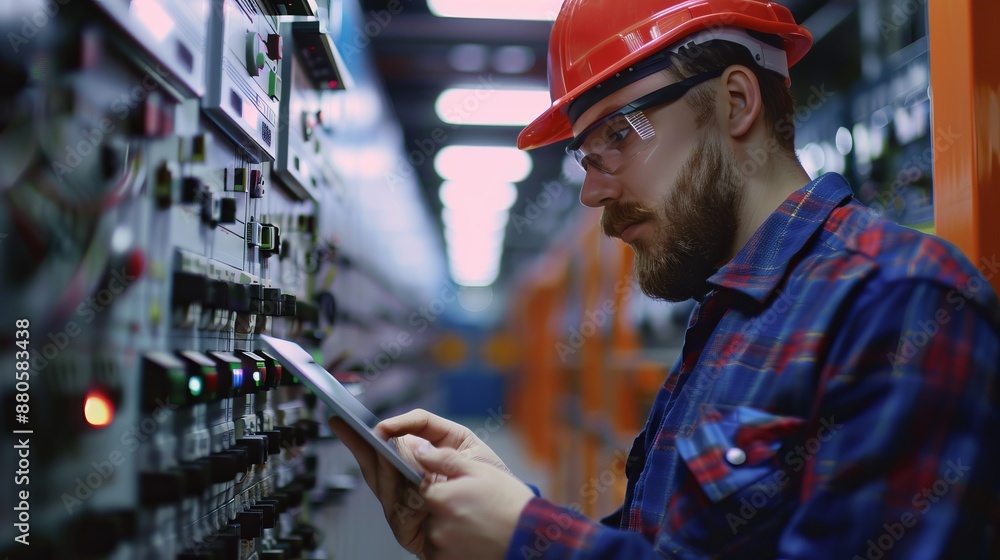 Poster electrical technician man working on switchboard with fuses using tablet for maintenance and diagnos